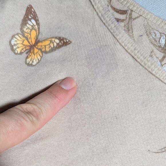 Vtg Y2K Morning Sun Beige Kitten Butterfly Rhinestone Embellished Top Sz 2X - Picture 3 of 5